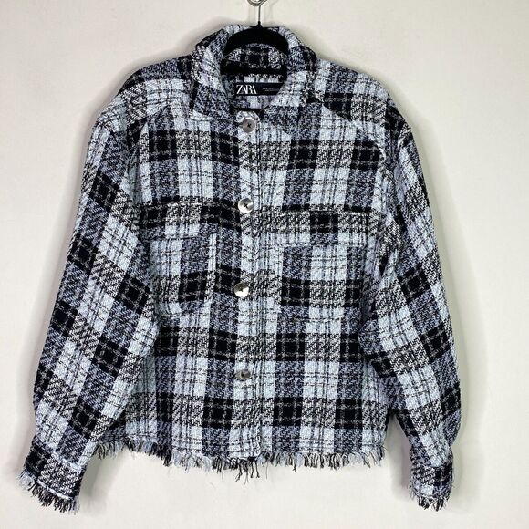 Zara Structured Frayed Tweed Button Front Overshirt Women's Size Medium - Picture 1 of 8